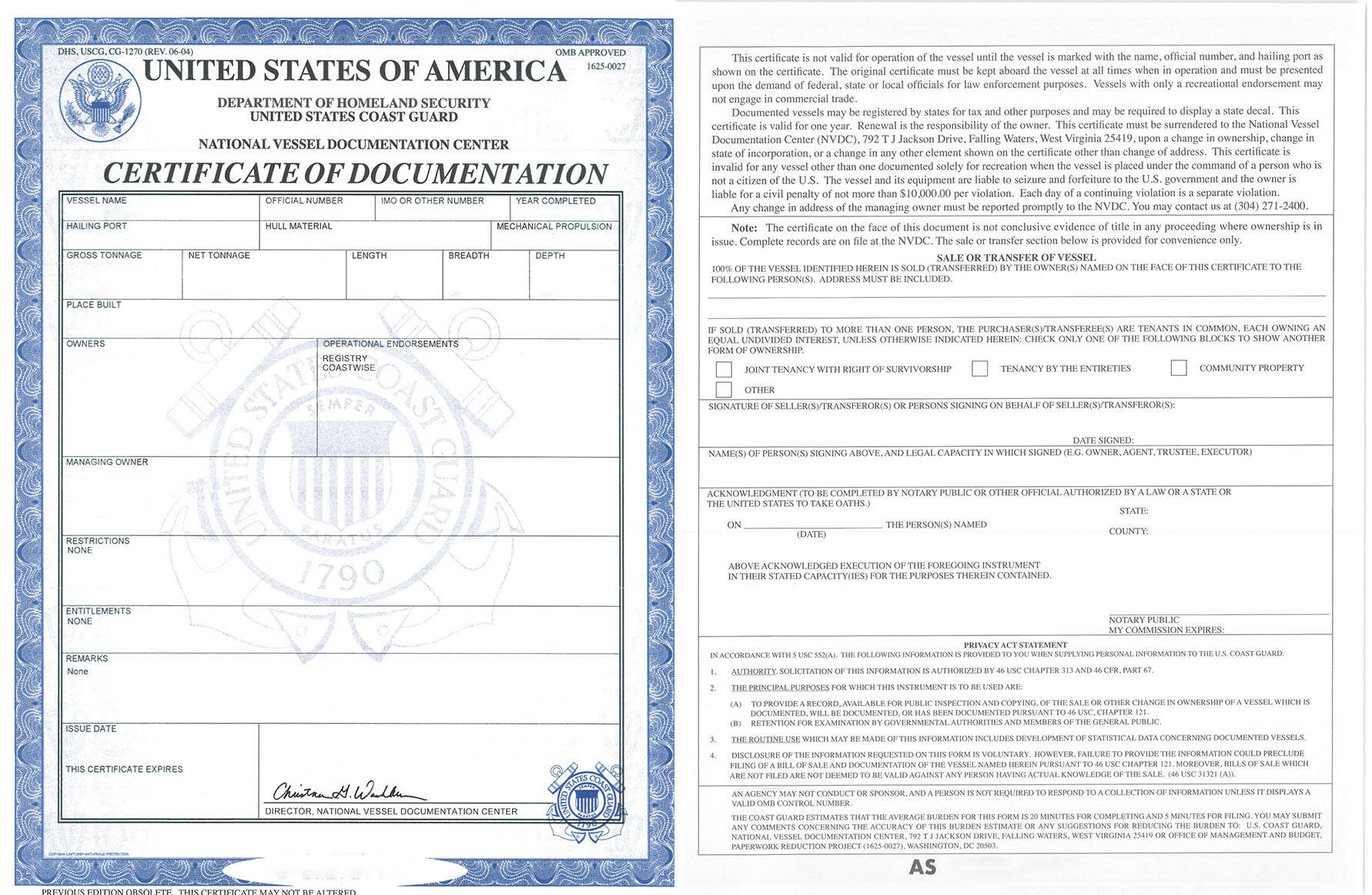This is how the USCG Certificate of Documentation (COD) looks like