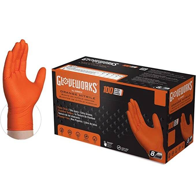 Gloveworks® HD Orange Nitrile Powder Free Industrial Gloves, Raised Diamond Texture