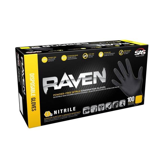 SAS RAVEN® Powder-Free Nitrile Exam Grade Disposable Gloves, 7 mil, 100/bx
