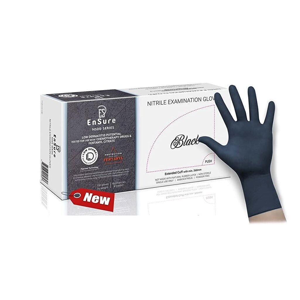 EnSure (N500) Black Nitrile Medical Examination Gloves, Powder Free, Extended Cuff