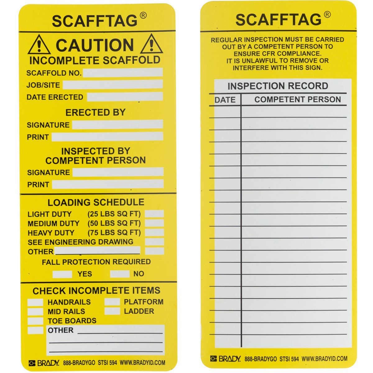 Brady® (104114) ScaffTag® Inserts, Black/Yellow on White, 7-5/8" x 3-1/8", 100pk