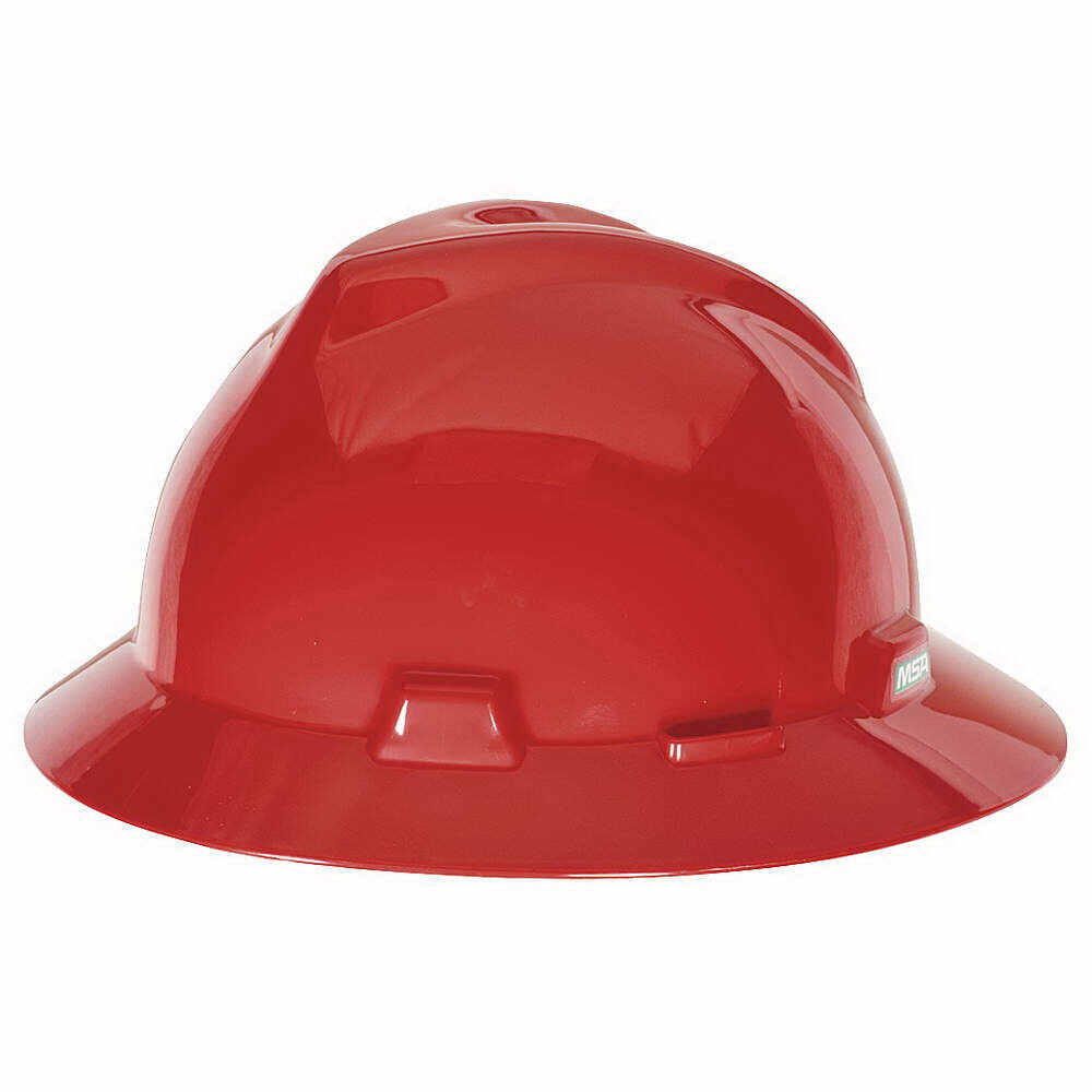 V-Gard® 475371 Slotted Full Brim Hard Hat, Fas-Trac III Suspension, Red