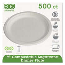 Eco-Products Compostable Sugarcane 9" White Plate, 500 Plates