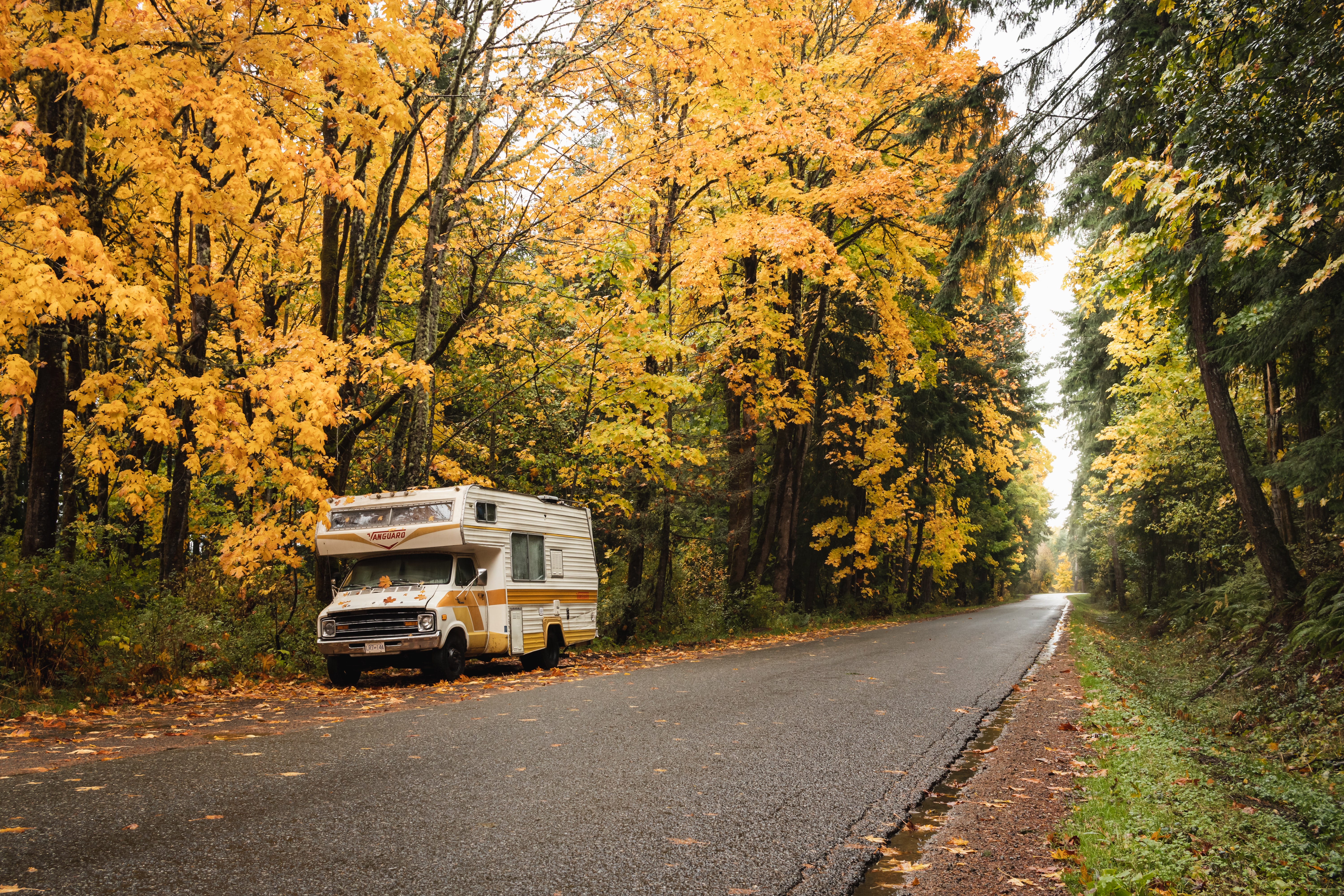 RV Parked on the side of the road in Autumn