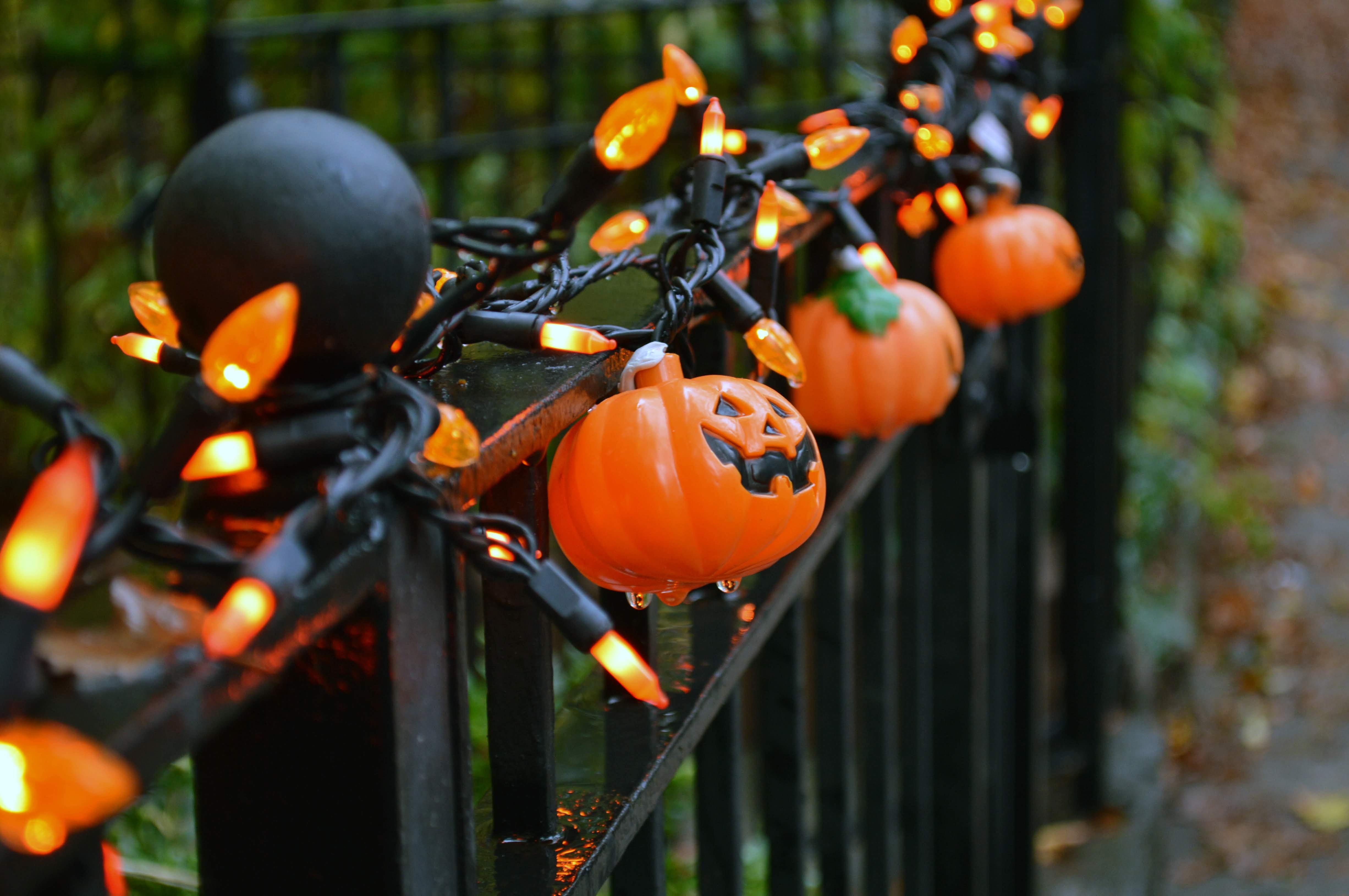 Pumpkin shaped string lights strung along a fence 