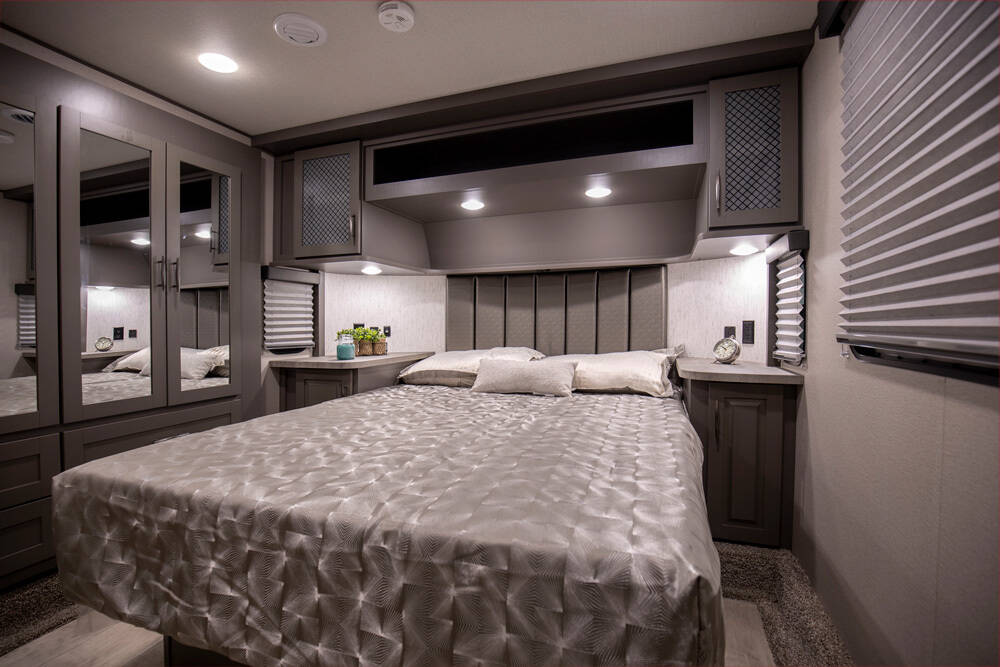 grand design momentum g class 350g fifth wheel toy hauler bedroom