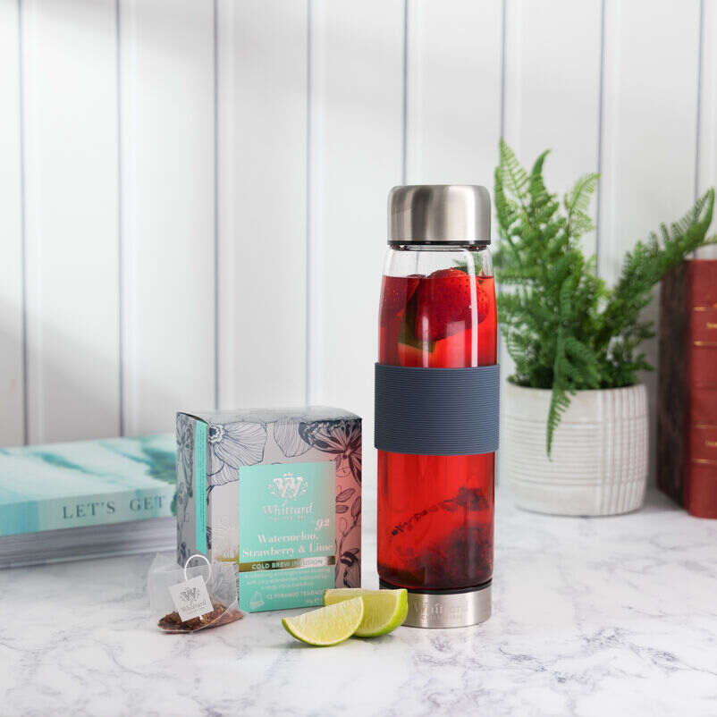Cold Brew Watermelon, Strawberry & Lime Teabags Box with suvi bottle lifestyle
