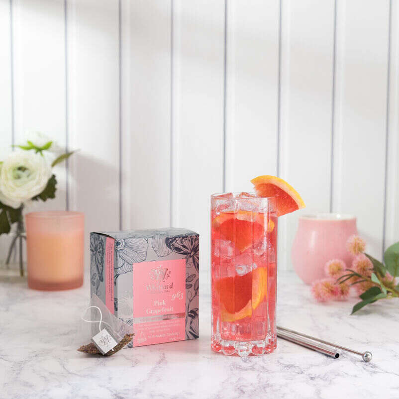 Cold Brew Pink Grapefruit Teabags Box with glass lifestyle