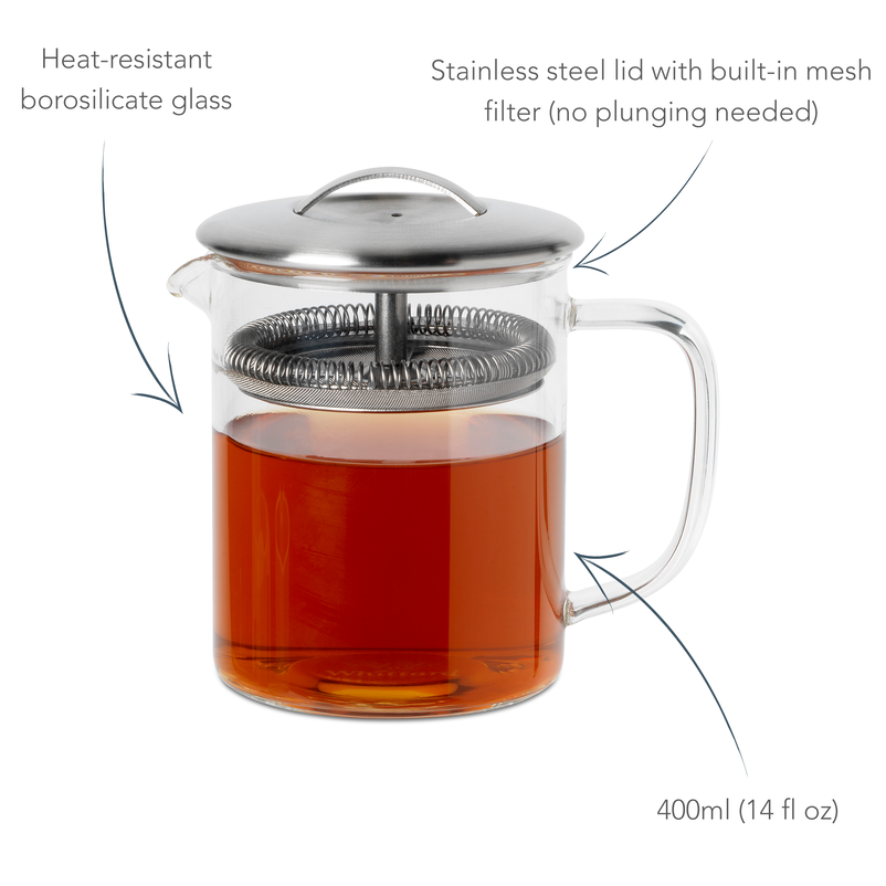 Greenwich Teapot has 400ml capacity, is made from borosilicate glass and has a stainless steel lid