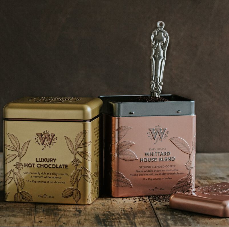 135 year Luxury Hot Chocolate and House Blend tins