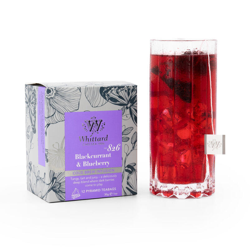 Cold Brew Blackcurrant & Blueberry Teabags Box with glass