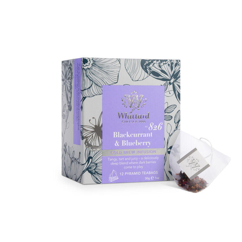 Cold Brew Blackcurrant & Blueberry Teabags Box with pyramid teabag