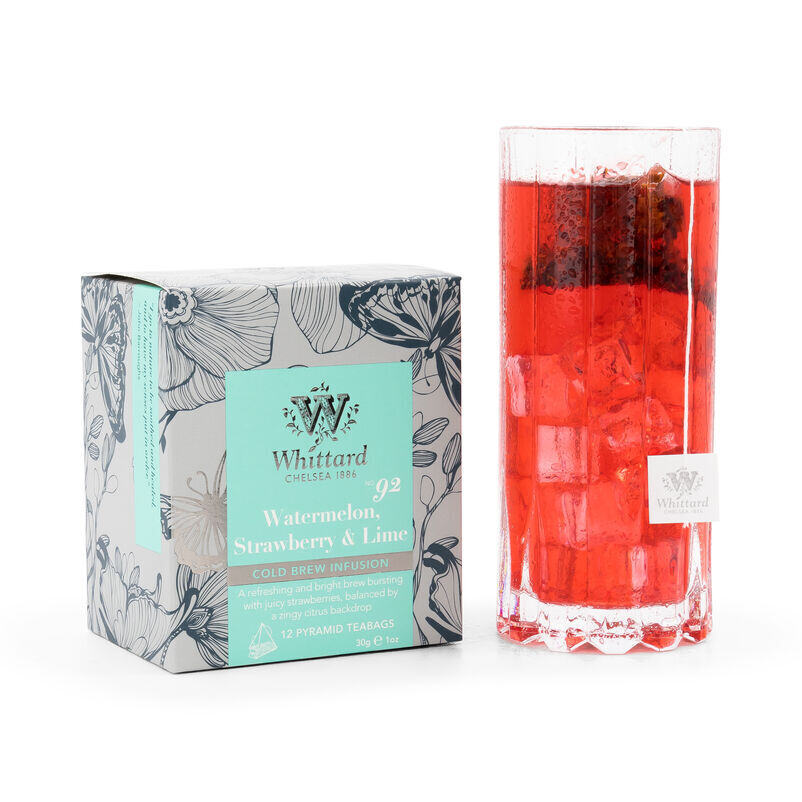 Cold Brew Watermelon, Strawberry & Lime Teabags Box with glass