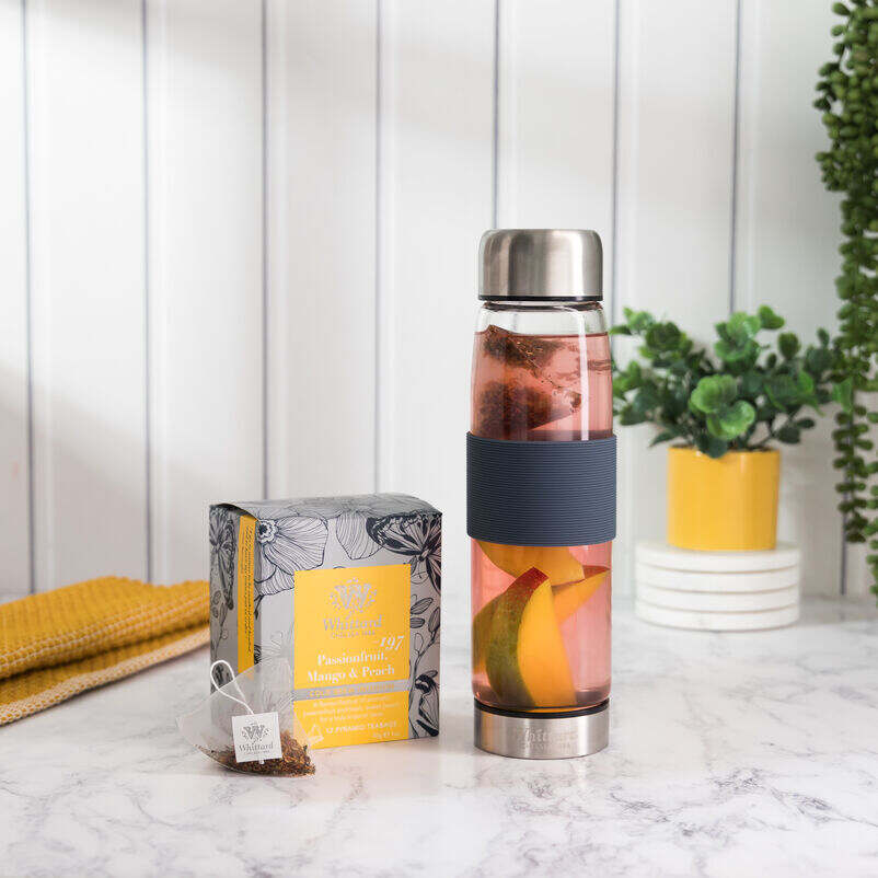 Cold Brew Passionfruit, Mango & Peach Teabags with suvi bottle lifestyle