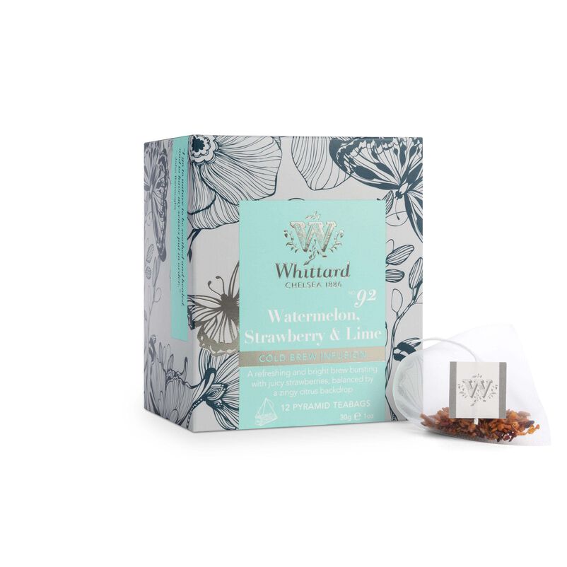 Cold Brew Watermelon, Strawberry & Lime Teabags Box with pyramid teabag