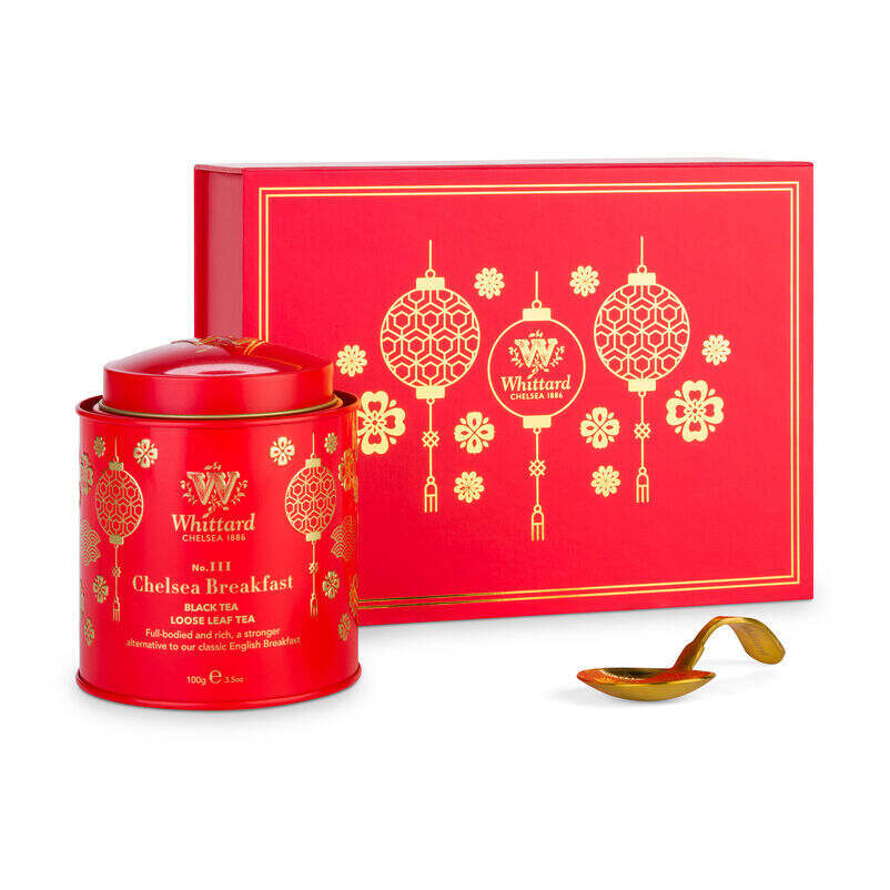 Chinese New Year Chelsea Breakfast Red Tea Caddy with Gold Tea Scoop outside presentation box
