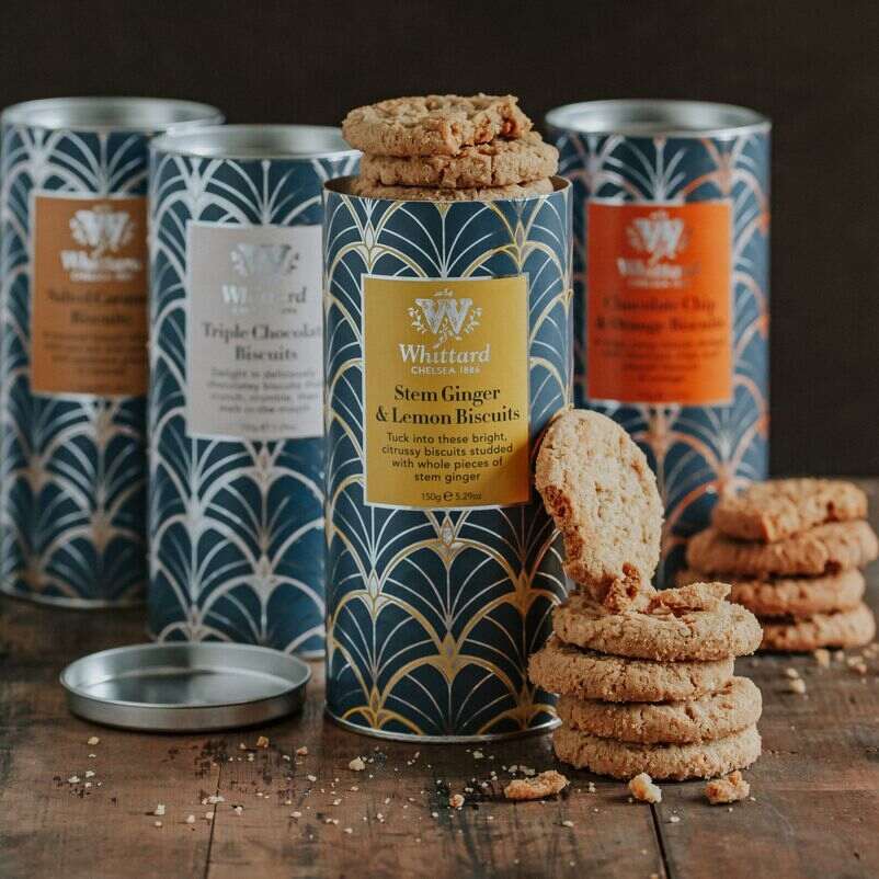 Stem Ginger & Lemon Biscuits with Triple Chocolate, Chocolate Chip & Orange and Salted Caramel Biscuits on table