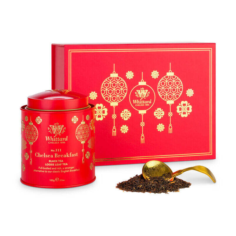 Chinese New Year Chelsea Breakfast Red Tea Caddy with Gold Tea Scoop outside presentation box with loose tea
