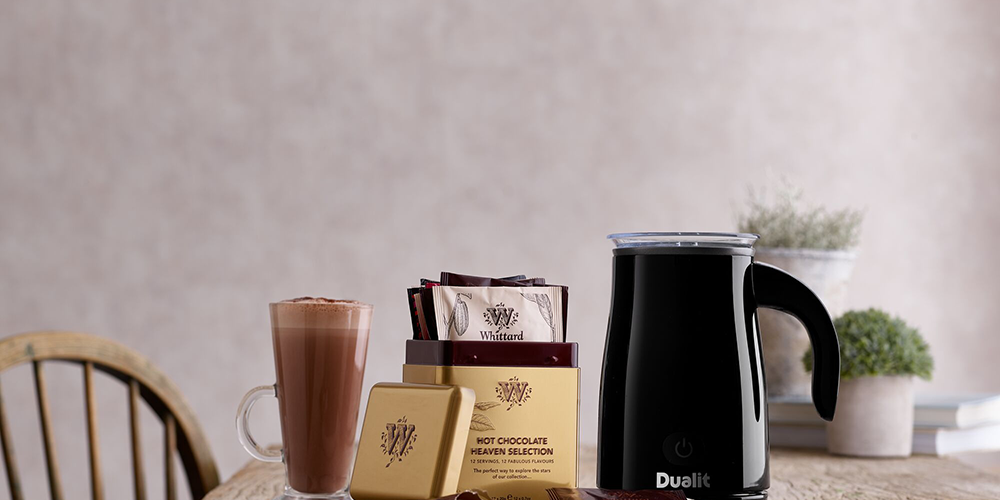 Our Hot Chocolate Heaven Selection Tin alongside our Dualit Milk Frother