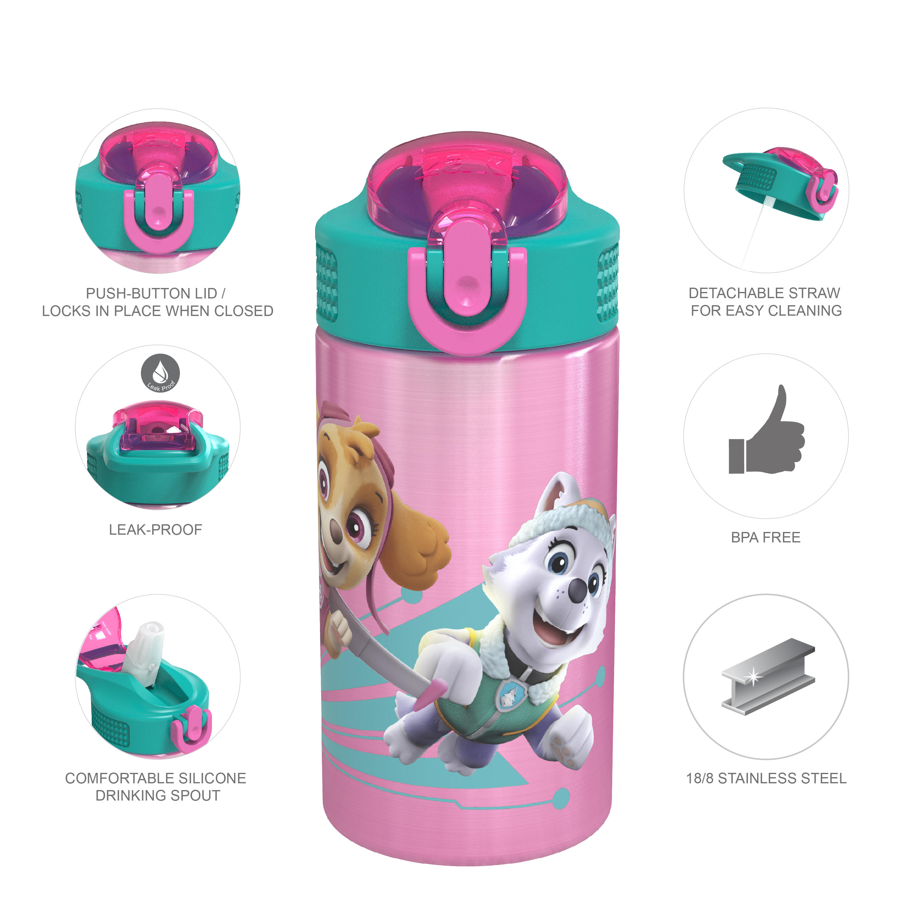 Zak Designs Paw Patrol Skye Stainless Steel Water Bottle with One Hand Operation Action Lid and Built-in Carrying Loop Kids Water Bottle with Straw Spout is Perfect for Kids 15.5 oz, BPA-Free 