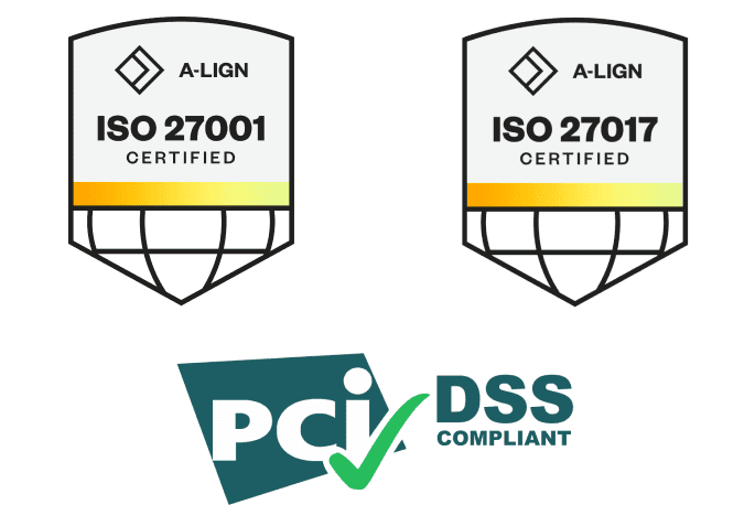 ISO 27001, ISO 27017, PCI DSS logos