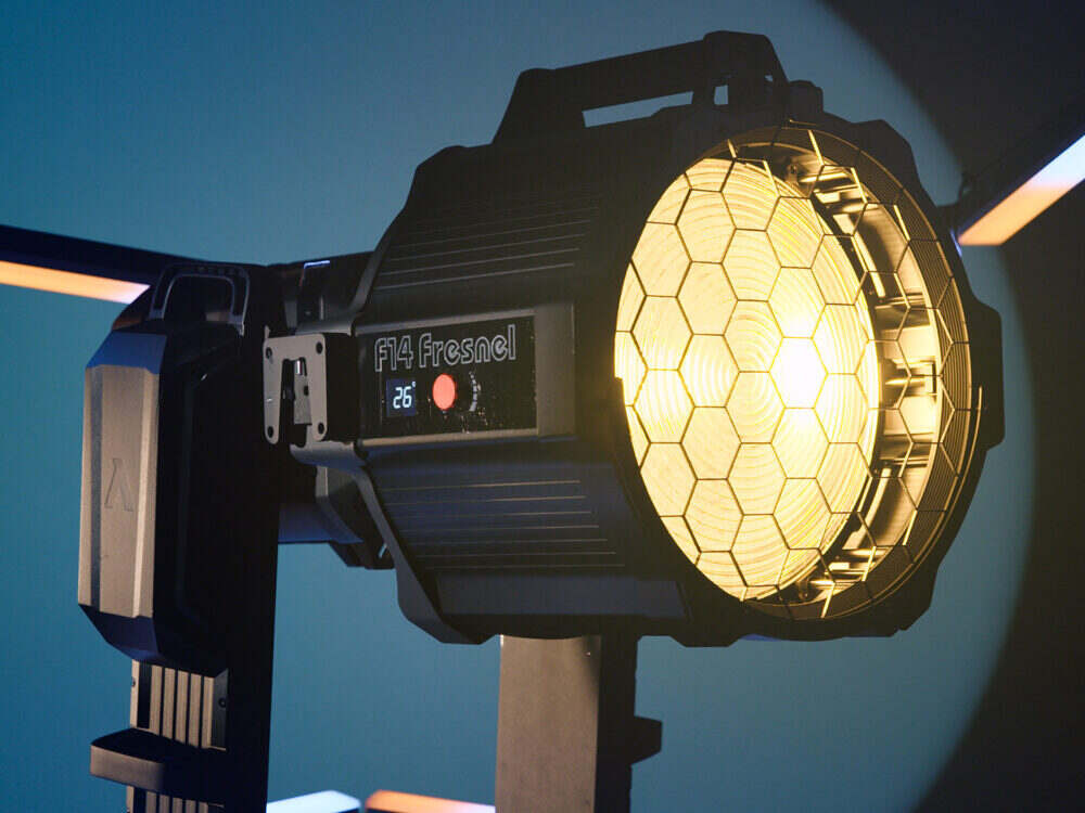 The Aputure Electro Storm XT26 paired with the F14 Fresnel via its all-new Electronic A-Mount.