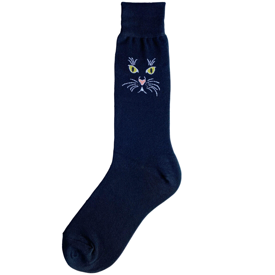 Simple and fun men's socks with cat face on black.