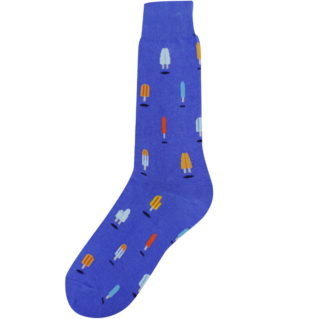 Men's funny socks showcase a rich blue background with bright