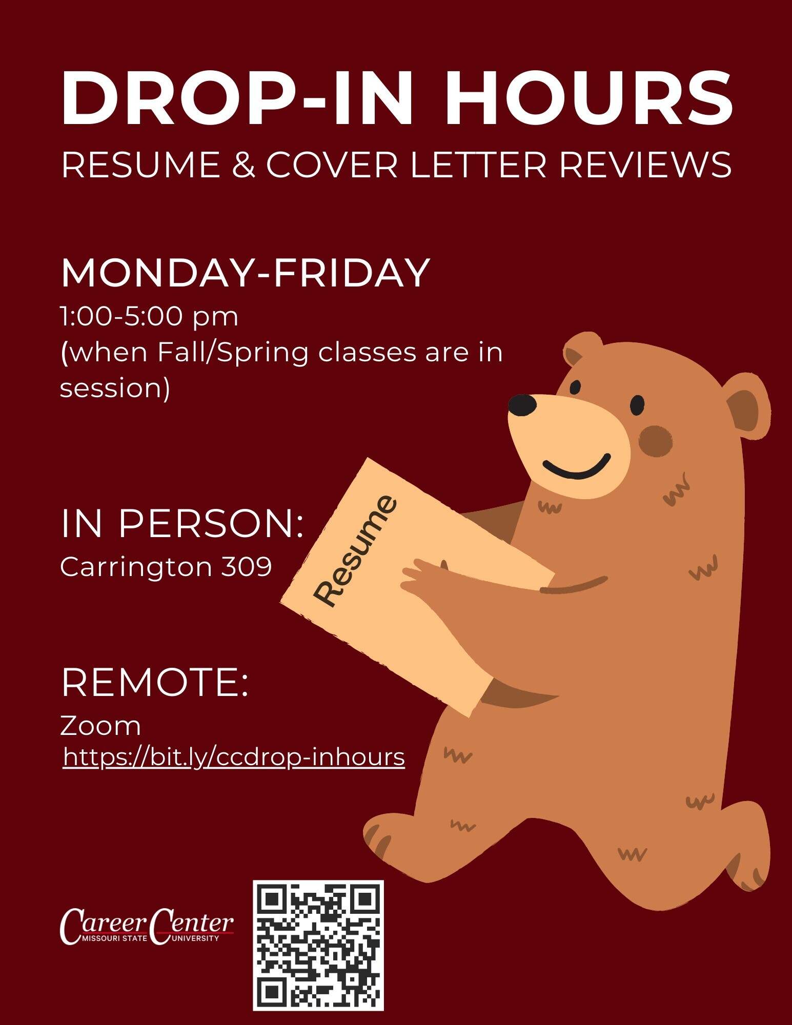 Hours for Career Center drop in resume review. 1-5pm when classes are in session.