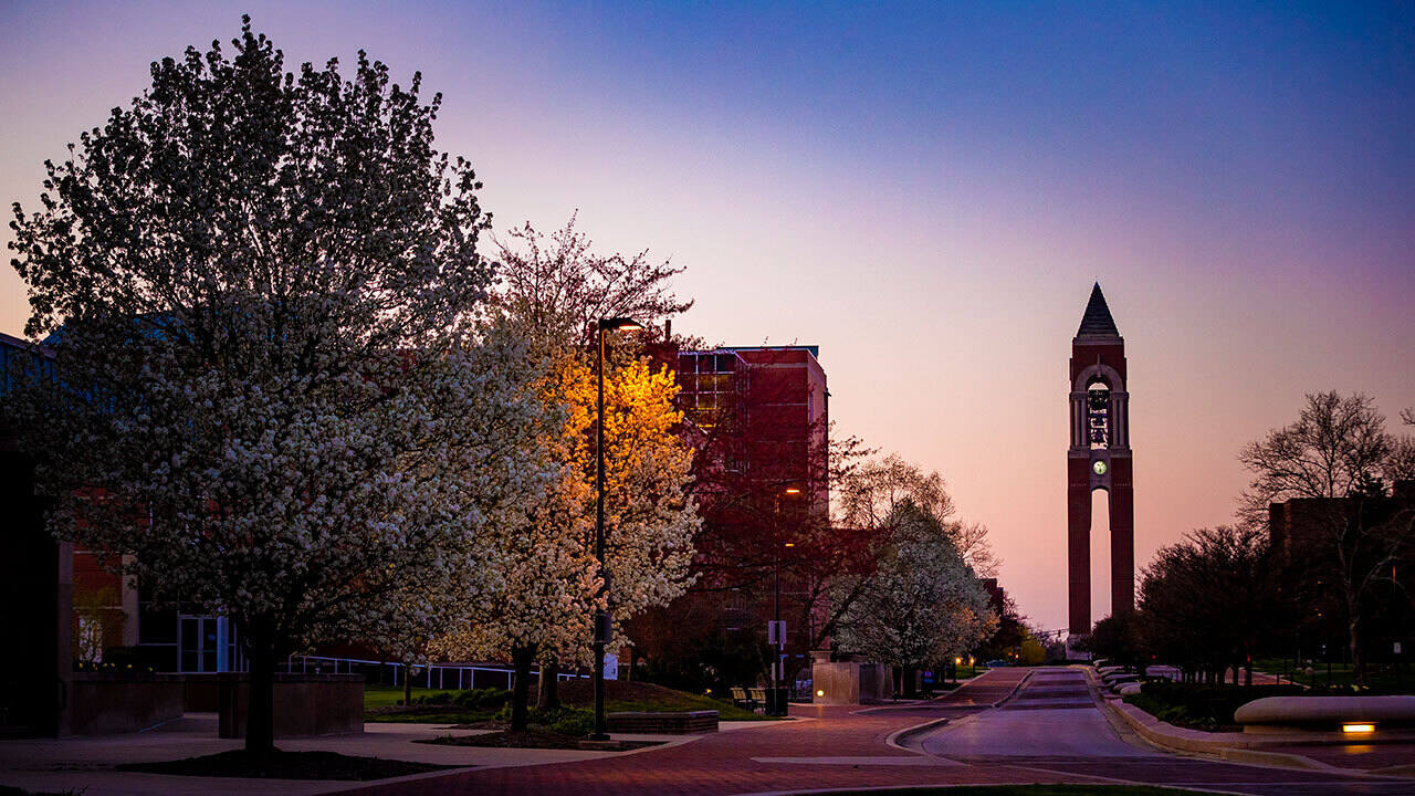 View of the Bell Tower on Ball State's campus.