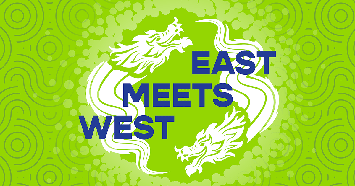 The text "East Meets West" over a green graphic of two dragons encircling eachother.  