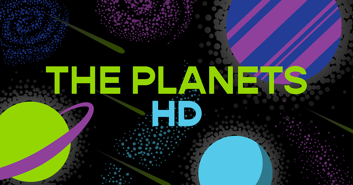 Green text with the title "THE PLANETS" over a graphic of planets