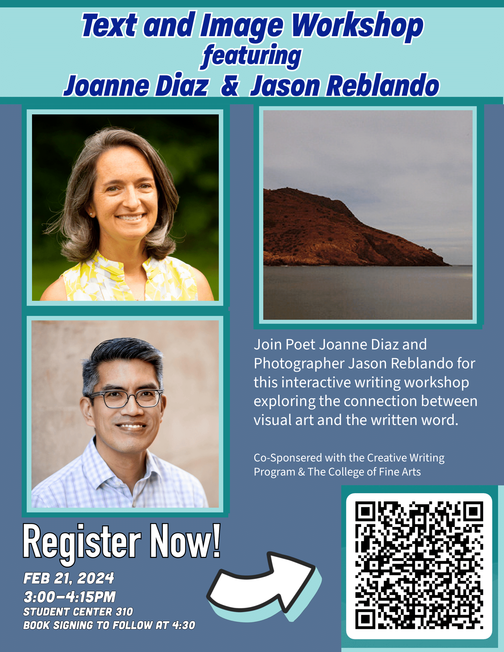 Poster advertising text and image workshop featuring Joanne Diaz and Jason Reblando. The poster includes headshots of Diaz and Reblando, as well as a photograph and a QR code to register for the workshop.