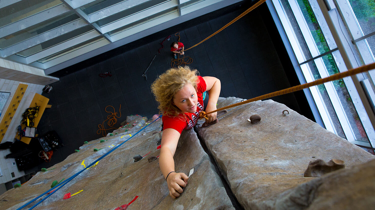 Student on the indoor climbing wall