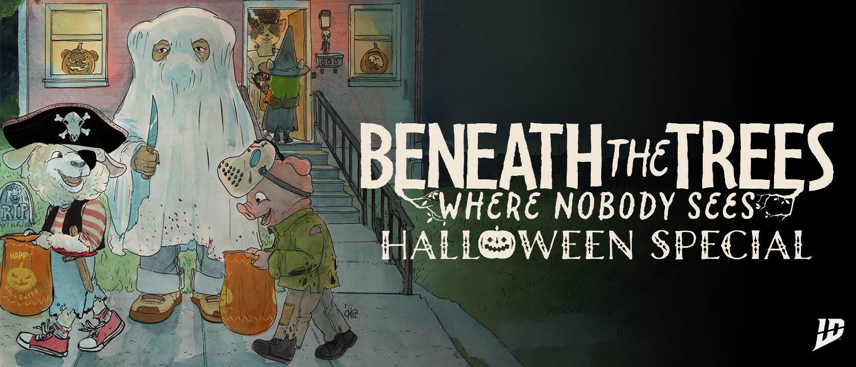 Illustrated promotional image for 'Beneath the Trees Where Nobody Sees Halloween Special' showing three costumed children trick-or-treating at a decorated house with a ghost on the porch.
