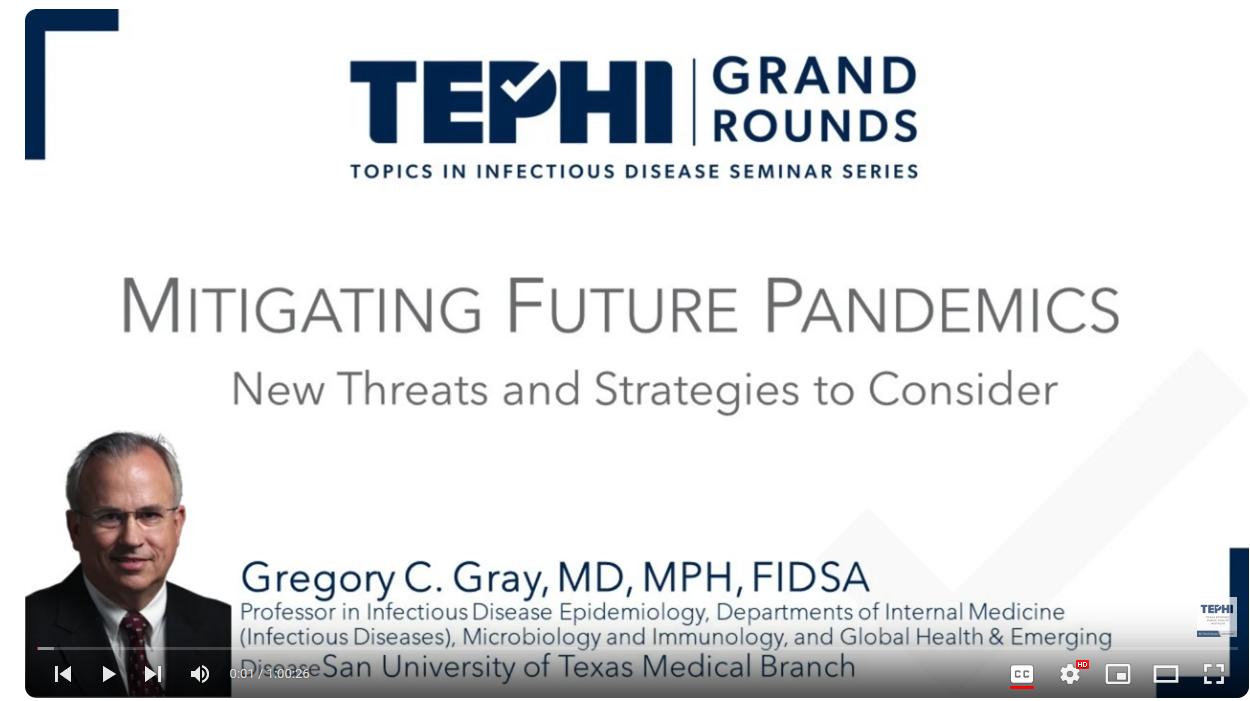 Image of powerpoint slide presenting TEPHI Grand Rounds information about Dr. Gregory Gray