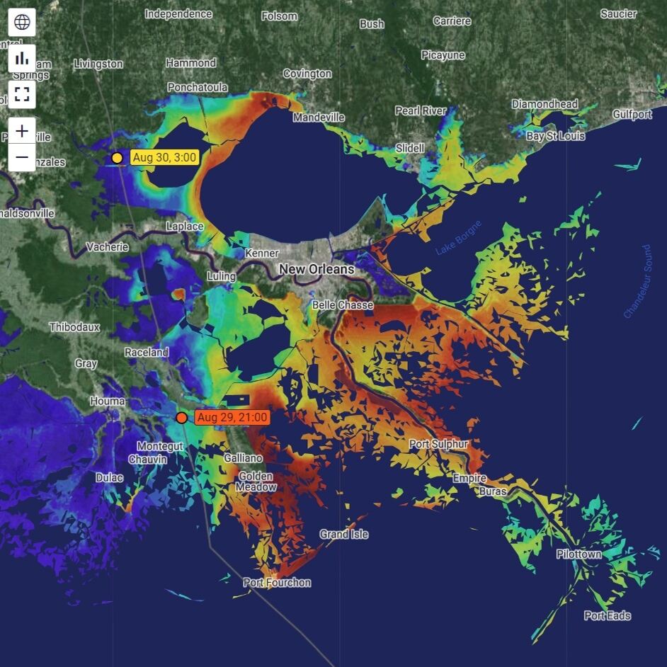 LSU’s CERA website showed projected storm surge at high resolution and accuracy ahead of Hurricane Ida in August 2021.