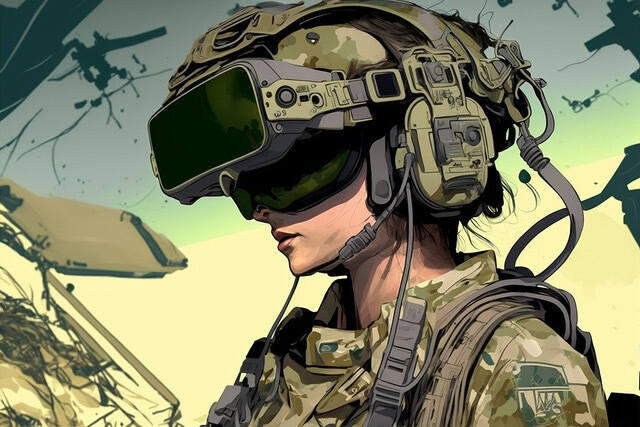 Rendering of a soldier with tactical gear and a VR headset