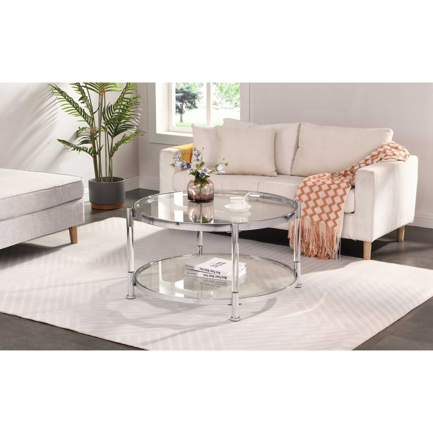 Streamdale Contemporary Acrylic Coffee Table Round Tempered Glass Coffee Table Chrome Silver Coffee