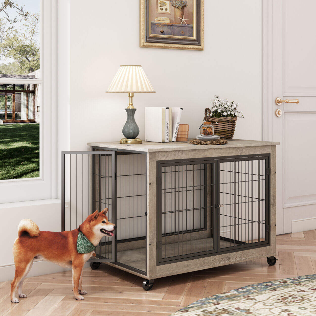 Furniture Style Dog Crate Side Table on Wheels with Double Doors