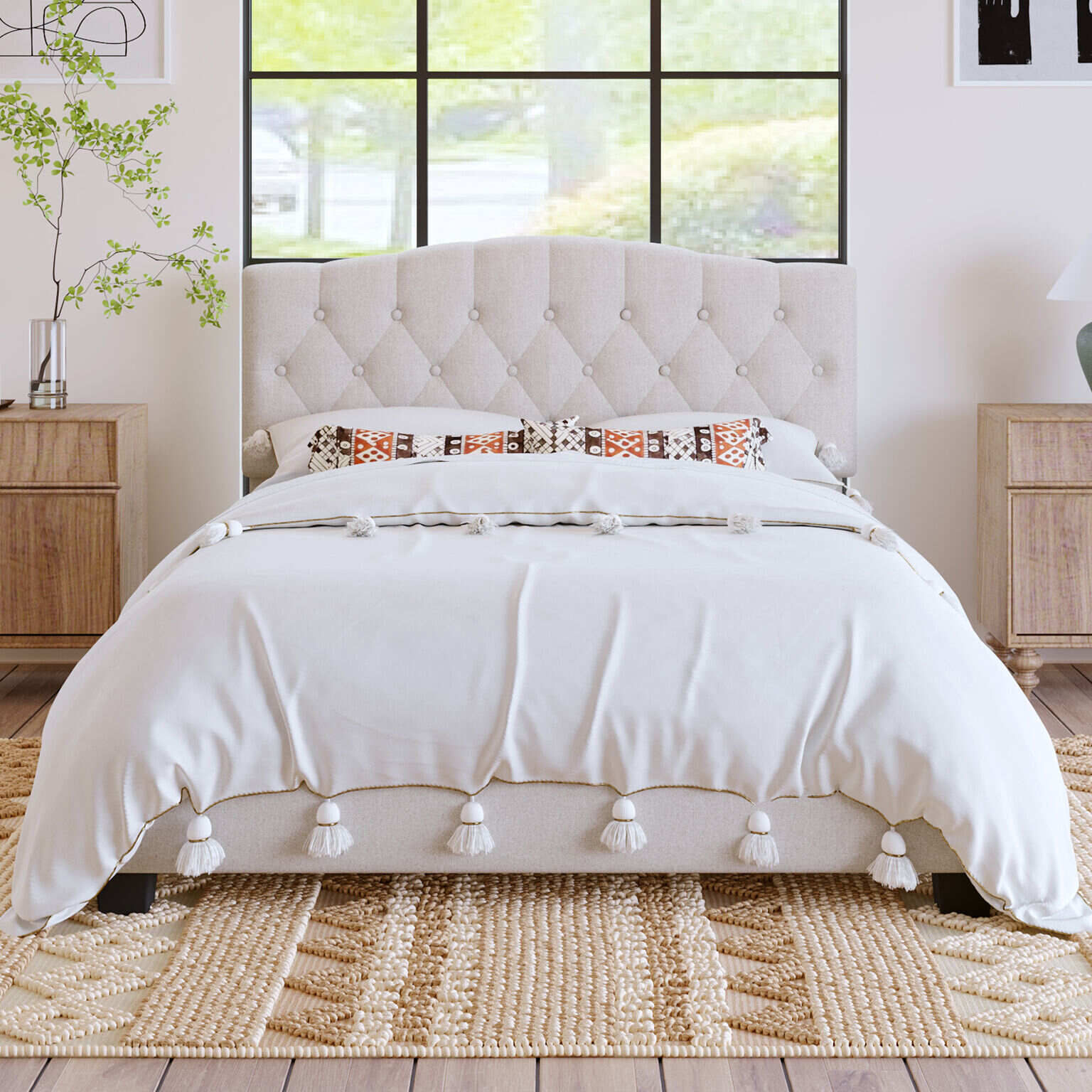 Merax Upholstered Platform 46.5 High Bed with Saddle Curved Headboard and Diamond Tufted Details in Beige Mathis Home