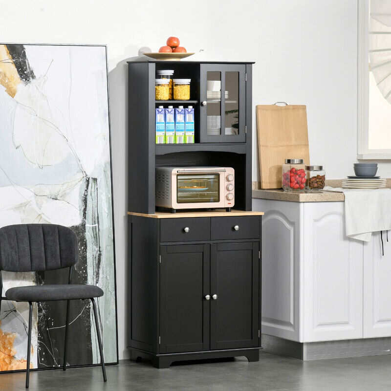 67 Kitchen Buffet With Hutch Pantry Framed Doors 2 Drawers And Open Microwave Countertop Black