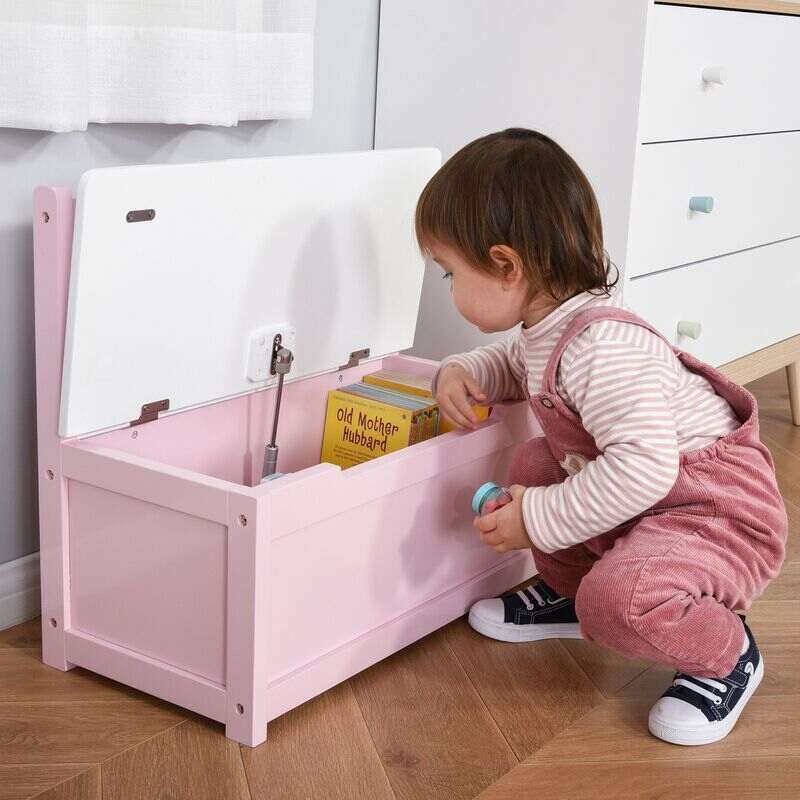 Halifax North America 2-in-1 Wooden Toy Box Kids Seat Bench Storage Chest Cabinet Chunk Cube with Safety Pneumatic Rod Pink | Mathis Home