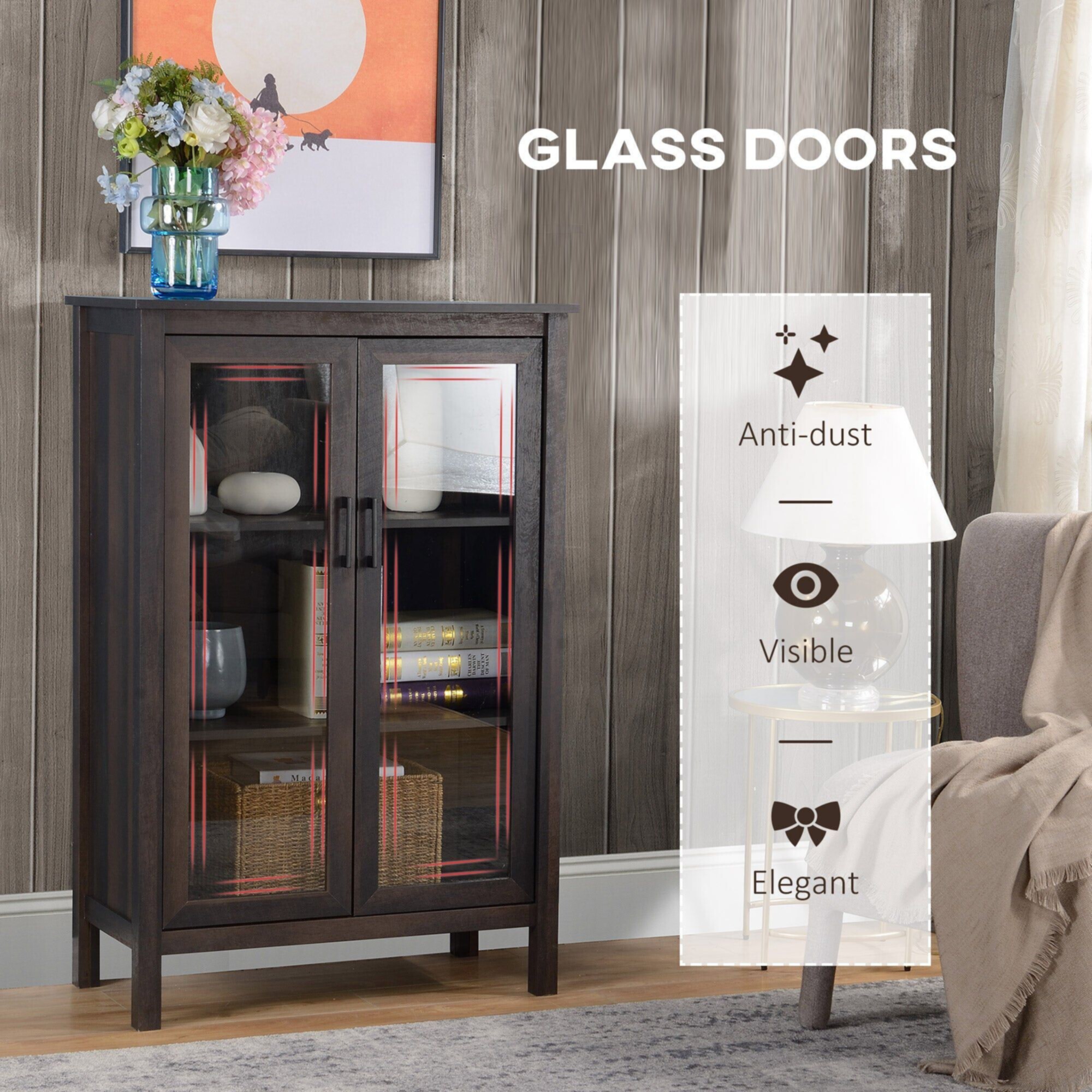 Rustic Kitchen Storage Cabinet Accent Sideboard with Glass Doors