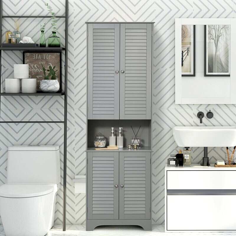 Over The Toilet Storage Cabinet, Double Door Bathroom Organizer w/ Shelf,  Grey