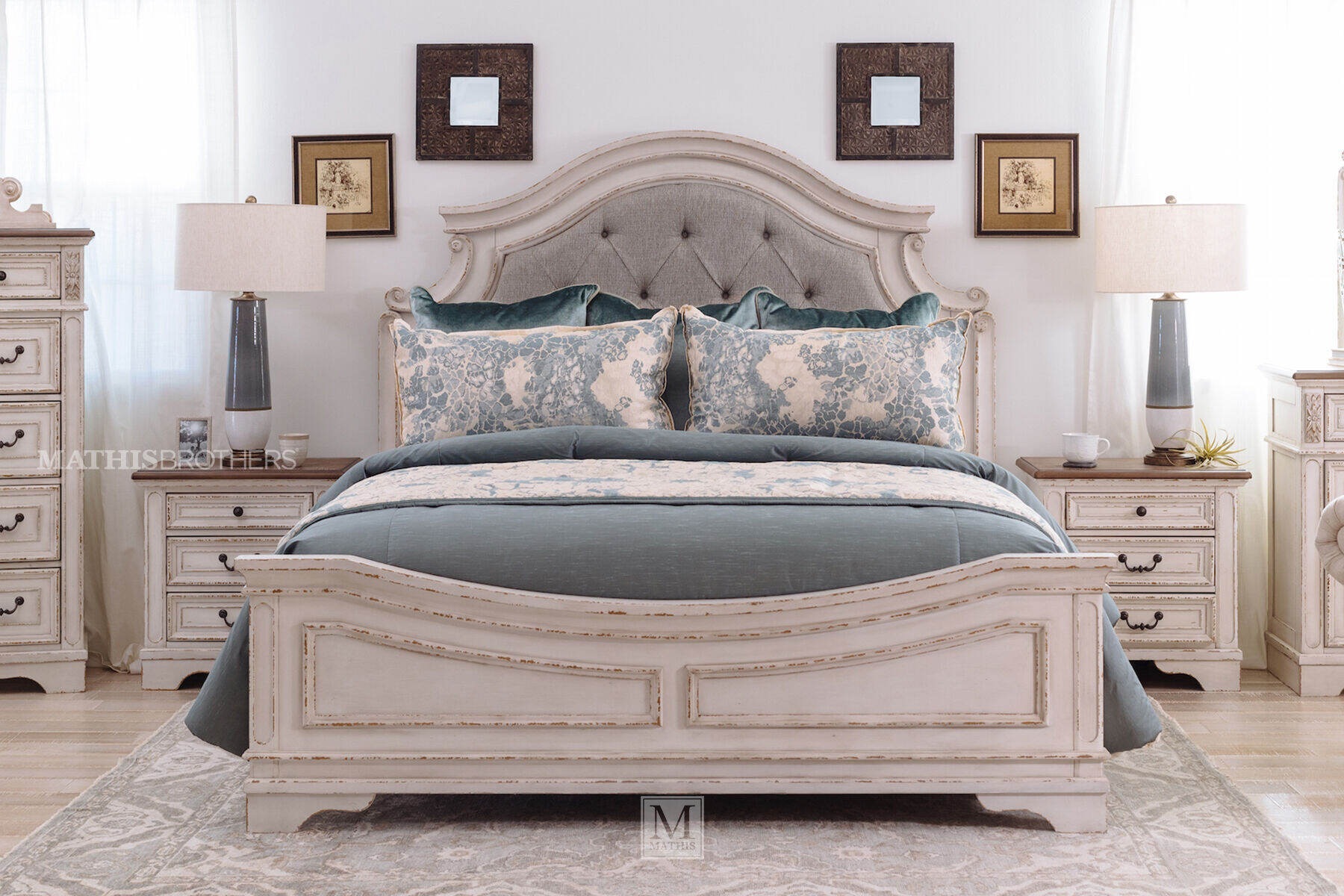 Realyn chipped two tone online upholstered panel bedroom set
