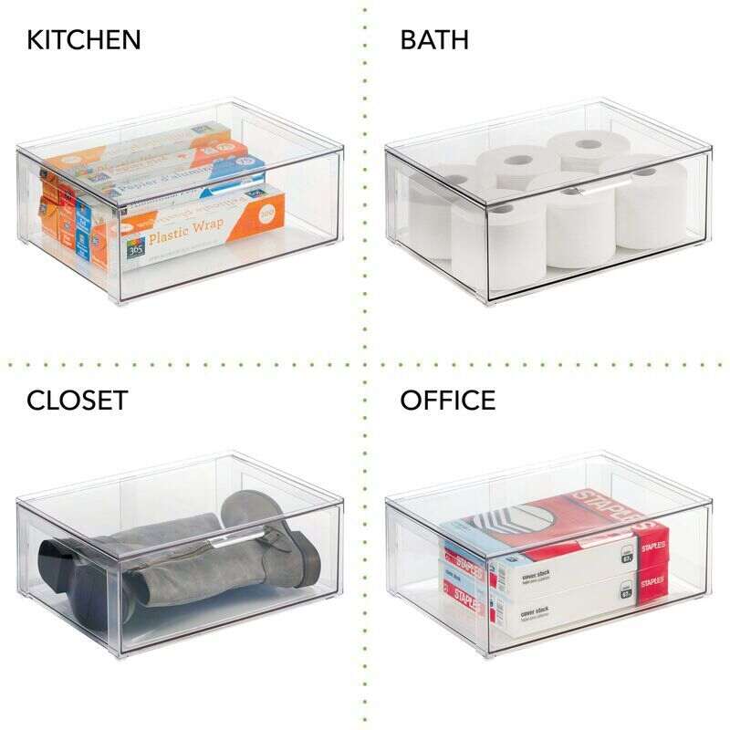 mDesign Stackable Closet Storage Bin Box with Pull-Out Drawer, Large - 8 Pack - Clear