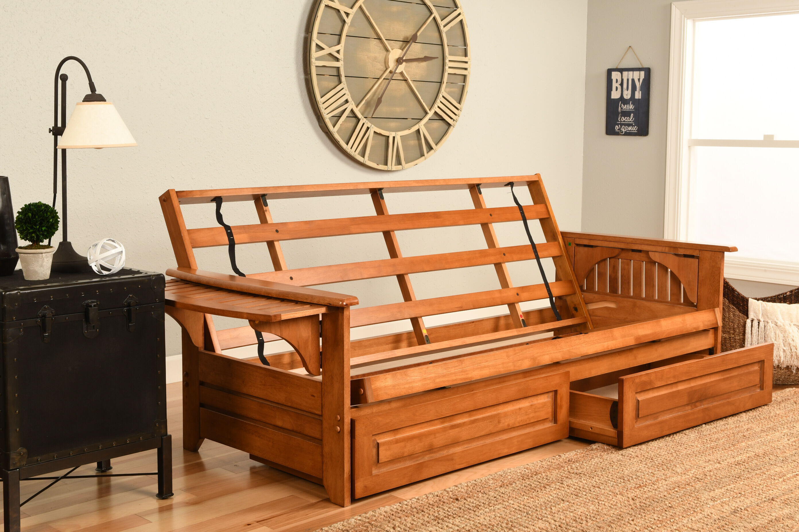 Phoenix Futon Frame with Storage Drawers in Barbados Finish
