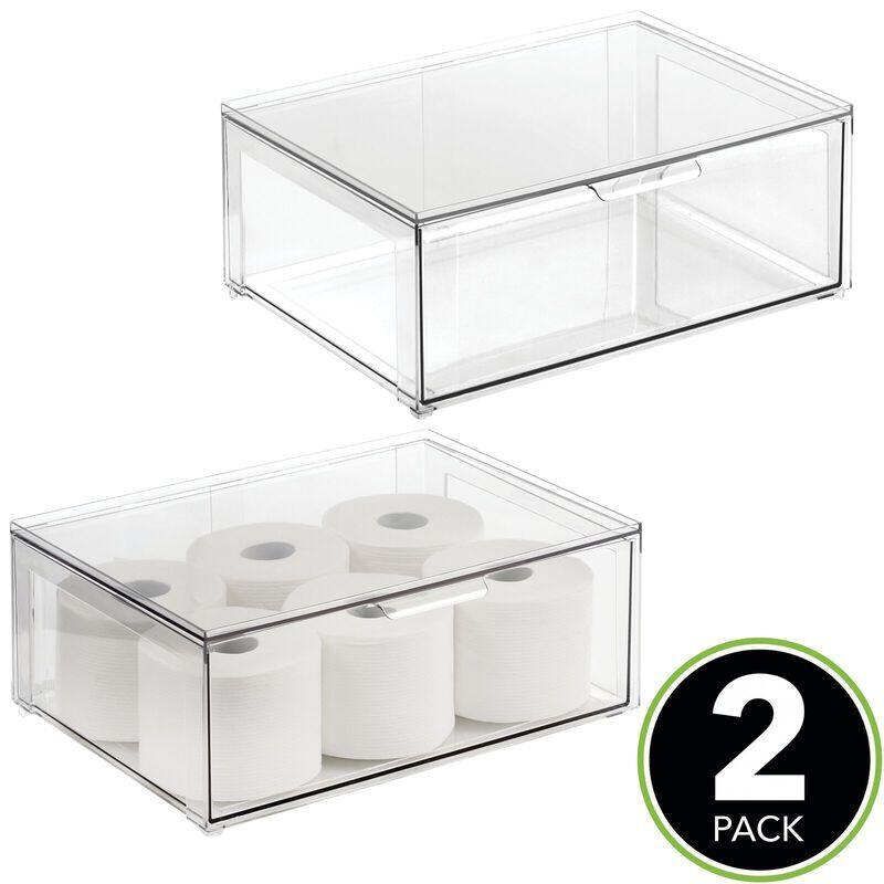 mDesign Stackable Plastic Storage Bath Bin - 2 Pull-Out Drawers - 2 Pack,  Clear