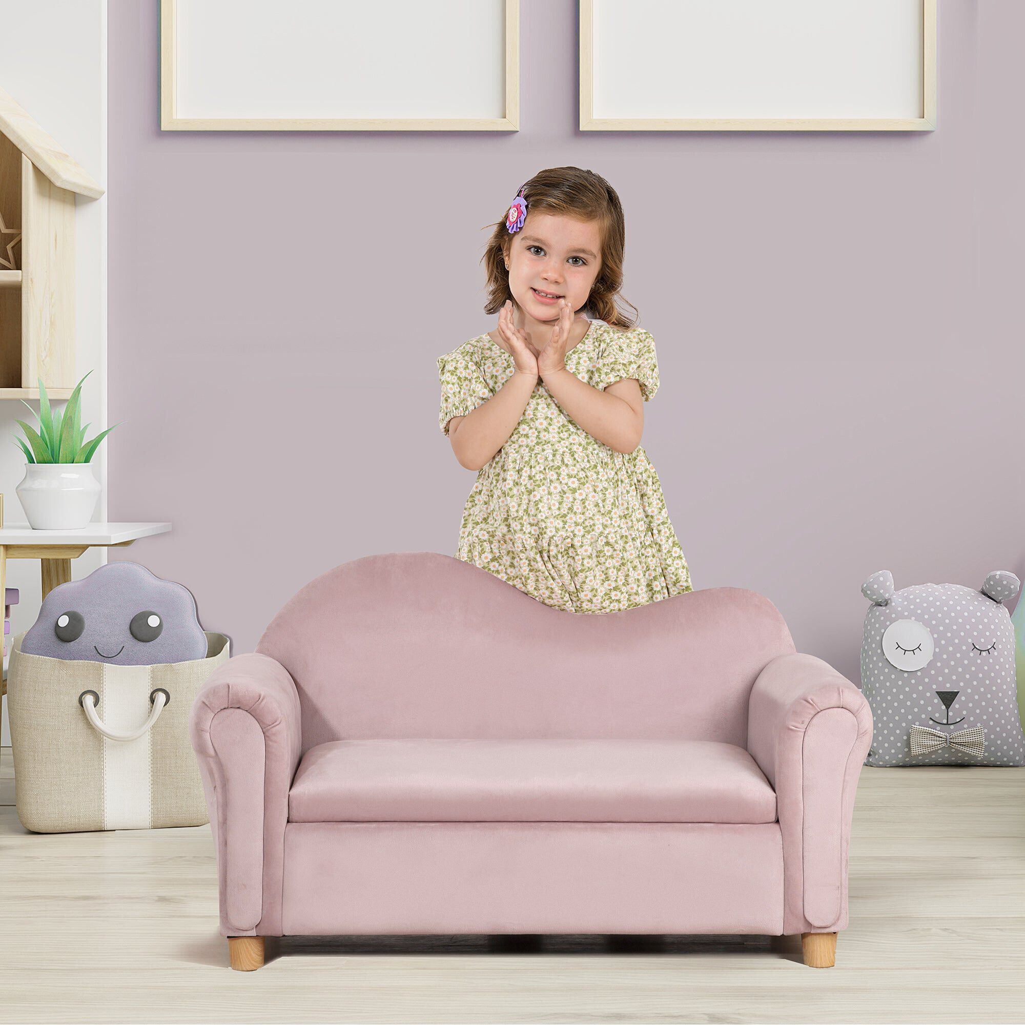 Ergonomic Foam Kids Sofa with Inner Toy Storage Chest Velvet Kids